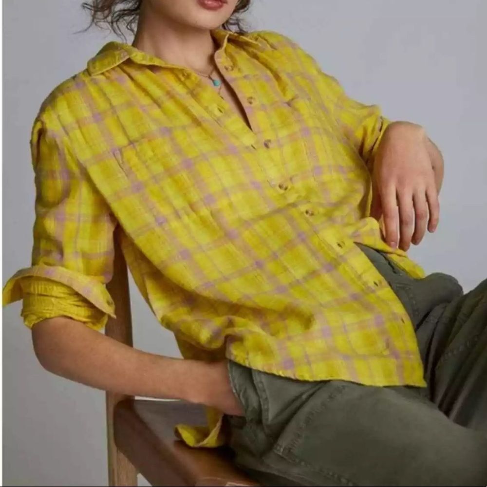 NWOT Anthropologie x Seen Worn Kept Plaid Buttondown Top Shirt in Yellow Size 6